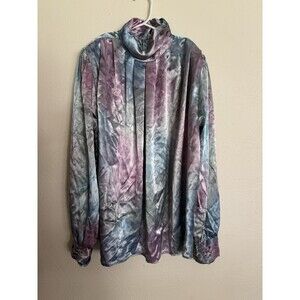 Vinta TJW Large Satin High Neck Long Sleeve Blouse Blue Purple 70s Retro